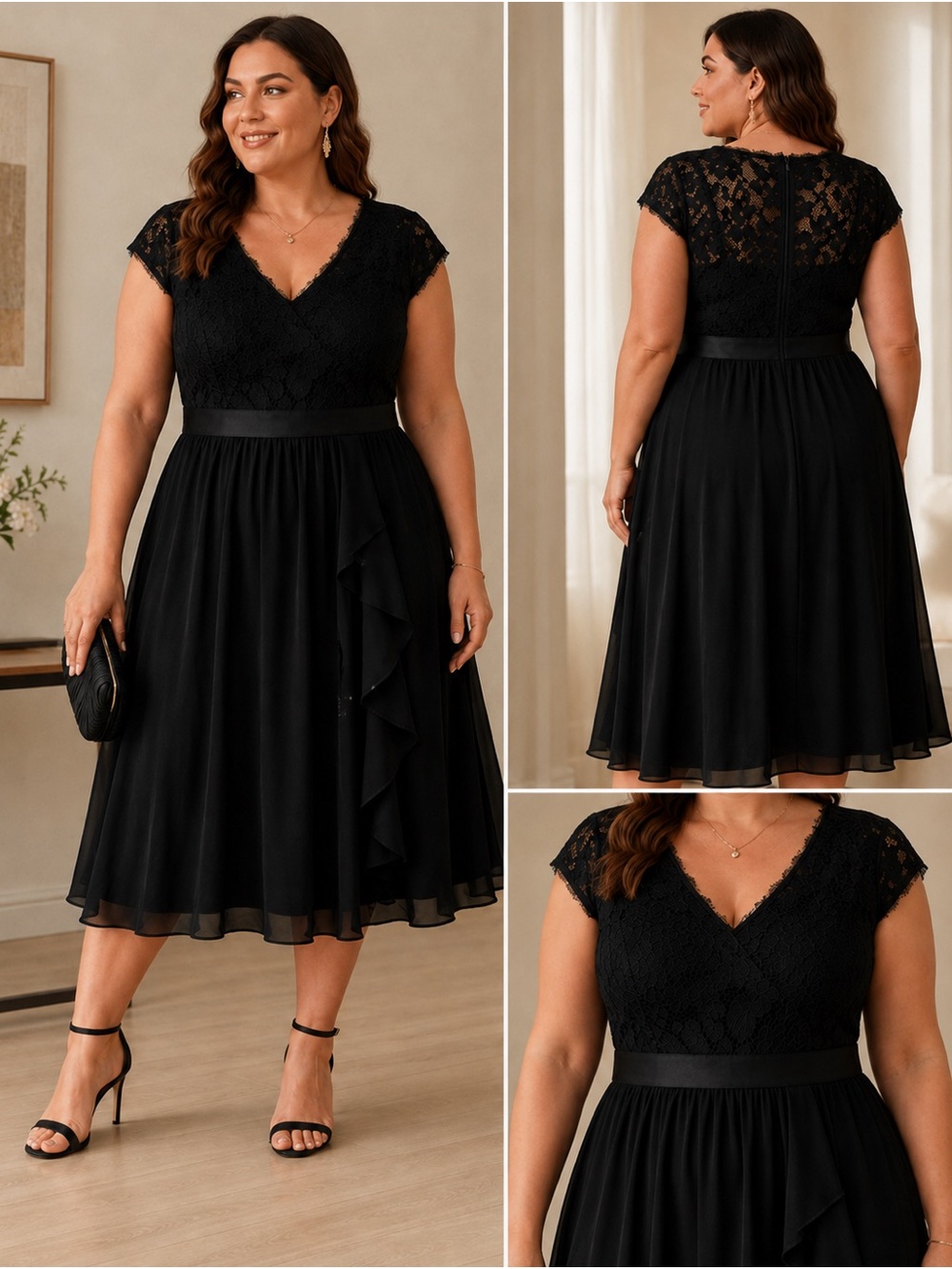 Elegant Black Lace V-Neck A-Line Dress with Satin Waistband